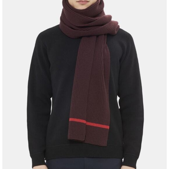 Theory NEW Originally $195 Wendel Ribbed Merino Wool Stripe Trim Scarf Burgundy - Picture 1 of 6